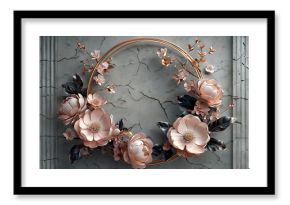 Peony flower wallpaper with a gold ring and columns. Elegant floral mural with a grunge effect. Abstract botanical illustration for art prints.