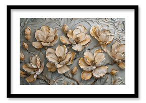 Beige and gold magnolia flower wallpaper 3D relief on gray background. Luxury floral mural with gold metallic accents. Abstract botanical illustration for prints.