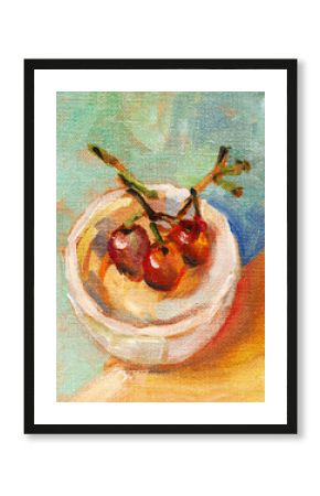 Still life with grapes from a small bowl. Oil painting.  Hand-drawn illustration.