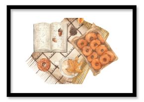 Plaid, donuts, leaf, candle, cup of coffee. Watercolor autumn illustration. Vintage fall clipart. Perfect for card, invitation, poster, textile and other design.