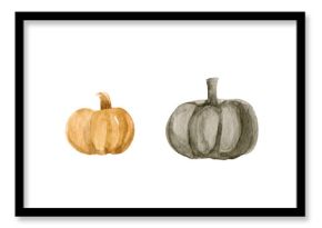 Watercolor illustrations set of pumpkins isolated on white background, Thanksgiving, Halloween clipart for cards, invitations, posters, stickers, print.