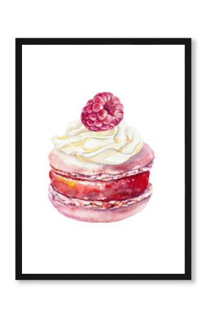 Pink cake with cream and raspberries. Delicious macaroon. Hand drawn watercolor illustration, isolated. Bright clip art for greeting cards, cosmetics and sweets labels.