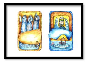 set of sailor Sardines.painted sardines in tin can.Print for kitchen posters,packaging, prints, textiles,T-shirts, menus.sardines element,canned fish artwork,fish products in bright doodle style