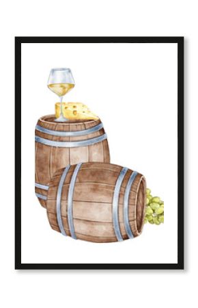 Watercolor still life with wooden barrel, glass of white wine, cheese, and grapes. Rustic gourmet composition suitable for vineyard menu, wine branding, or elegant packaging concept