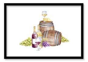 Watercolor still life with wine bottles, wooden barrels, cheese, grapes, and glasses. Rustic gourmet composition suitable for vineyard menu, restaurant branding, or elegant product packaging