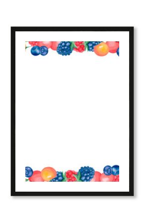 Watercolor rsquare summer berry frame with cherries, raspberries, blueberries, blackberries and red currants. Botanical rustic fruit border for food packaging, labels, invitations and seasonal cards.
