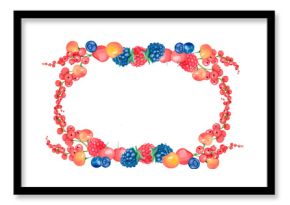 Watercolor oval summer berry frame with cherries, raspberries, blueberries, blackberries, red currants. Botanical rustic fruit border for food packaging, labels, invitations, cards or seasonal design.