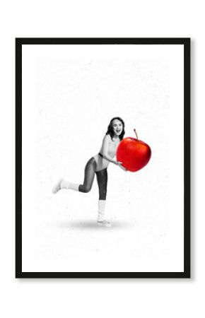 3d photo trend art collage of happy sportswoman stand red apple fruit detox diet healthy lifestyle nutrition shaping trainer