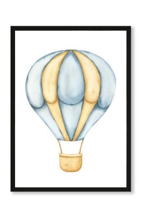 Hot air Balloon. Watercolor hand drawn illustration of a hot air Balloon in blue and beige colors. Drawing airship in vintage style. Hot air Balloon for kids goods, baby shower and children's room