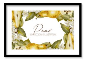 Watercolor frame with ripe pears andwith branches with flowers and leaves. Perfect for product logos, market posters, food packaging, textile patterns, and harvest-themed, Wedding invitations, menu