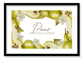 Watercolor frame with ripe pears andwith branches with flowers and leaves. Perfect for product logos, market posters, food packaging, textile patterns, and harvest-themed, Wedding invitations, menu