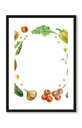 Vegetables wreath. Round frame of tomatoes, cucumber, zucchini, peppers, onions. Watercolor illustration isolated on white. Cards, invitations for Vegetarian and Harvest Day, labels, posters, covers.