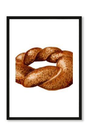 Turkish traditional simit. Breakfast bun. The bagel lies on the surface. Twisted bun. Top sprinkled with sesame seeds. Watercolor illustration without background