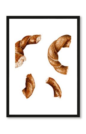 Set of simit pieces. Traditional classic Turkish bagel. Pieces are broken off. Brown and beige. Watercolor illustration. No background