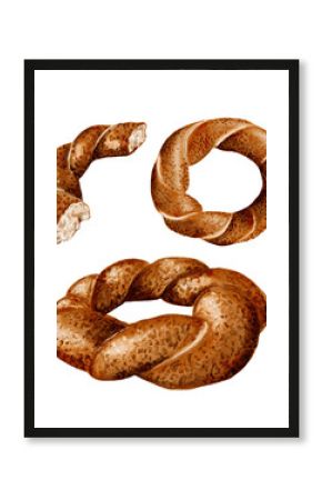 bagel set. Turkish traditional simit. Whole bagel - top view. round shape. The bagel is lying. Half a bagel. Watercolor illustration without background