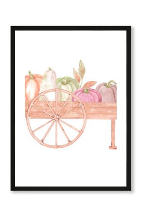 Hand drawn watercolor ripe pumpkins in the wooden cart isolated on white background. Rural illustration Can be used for postcard, label, scrapbook and other printed products.