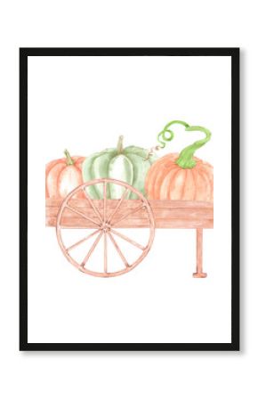 Hand drawn watercolor ripe pumpkins in the wooden cart isolated on white background. Rural illustration Can be used for postcard, label, scrapbook and other printed products.