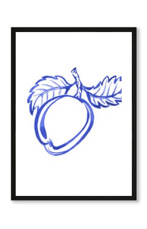 Outline painting of apple with leaves in blue retro style. Hand drawn monochrome watercolor illustration on white background