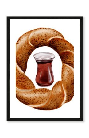 Turkish breakfast. Simit bagel and tea in a glass. glass on saucer. Black strong tea. Traditional snack. Watercolor illustration