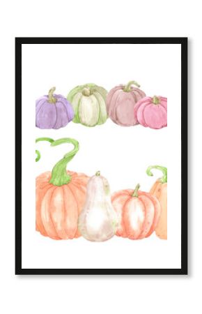 Hand drawn watercolor set of pumpkins isolated on white background. Rural illustration Can be used for postcard, label, scrapbook and other printed products.