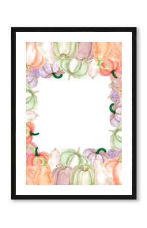 Hand drawn watercolor autumn pumpkins frame border isolated on white background. Rural illustration Can be used for postcard, label, scrapbook and other printed products.