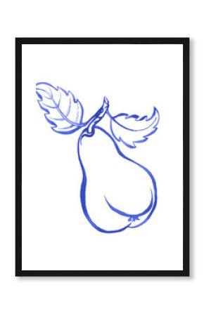 Outline painting of pear with leaves in blue retro style. Hand drawn monochrome watercolor illustration isolated on white background