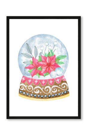 Watercolor vintage snow globe with winter decorative composition. Hand drawn illustration, sketch  isolated on white. Design element for greeting card, invitation, New Year and Christmas clip art.