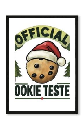 Festive and whimsical Christmas-themed design featuring a chocolate chip cookie wearing a Santa hat with "Official Cookie Tester" text. Ideal for holiday merchandise, cards,