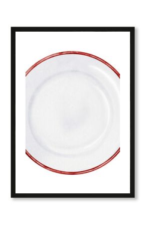 Plate white empty watercolor. Hand drawn porcelain dish with red border on isolated white background. Clip art tableware. Ideal for restaurant menus, recipe books and advertising posters