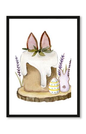 Watercolor composition of Easter cake, gingerbread, lavender bouquet on a wooden tray