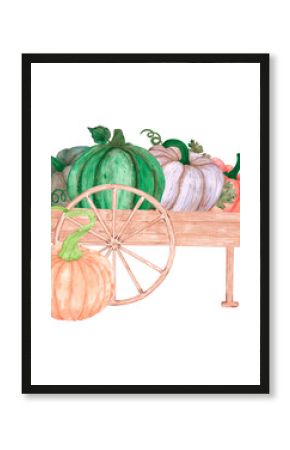 Hand drawn watercolor ripe pumpkins in the wooden cart isolated on white background. Rural illustration Can be used for postcard, label, scrapbook and other printed products.