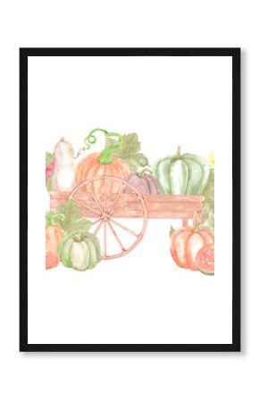 Hand drawn watercolor ripe pumpkins and leaves in the wooden cart isolated on white background. Rural illustration Can be used for postcard, label, scrapbook and other printed products.