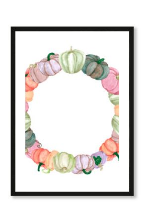 Hand drawn watercolor autumn pumpkins wreath frame border isolated on white background. Rural illustration Can be used for postcard, label, scrapbook and other printed products.