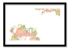 Hand drawn watercolor ripe pumpkins in the wooden cart and leaves frame border isolated on white background. Rural illustration Can be used for postcard, business card and other printed products.