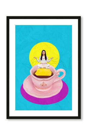 3D collage trend artwork composite sketch poster of young woman sit meditate keep calm balance cup drink tea hot aristocratic style