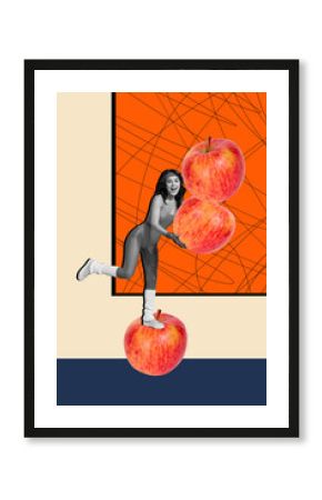 Vertical photo trend art collage of happy sportswoman stand red apple fruit detox diet healthy lifestyle nutrition shaping trainer