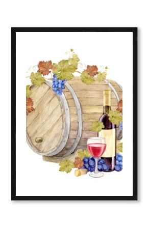 Grapevine with blue berries and oak barrel. Watercolor bottle of red wine with old paper label and glass of red wine. Illustration for tasting, menu, cafe, bar, posters and wine list design.