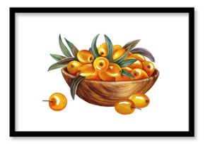 Sea buckthorn in a wooden bowl. A hand-drawn watercolor illustration. For cosmetology and pharmaceuticals. For the design of packaging, labels, recipes and posters.