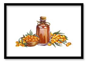 Sea buckthorn in a wooden bowl and sea buckthorn oil in a vintage glass bottle. A hand-drawn watercolor illustration. For cosmetology and pharmaceuticals. For packaging, labels, recipes and posters.