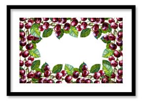 A frame with cherry fruits. Handmade watercolor illustration. Botanical painting.. Great for labels and packaging, for postcards and posters, for menus and cooking recipes.