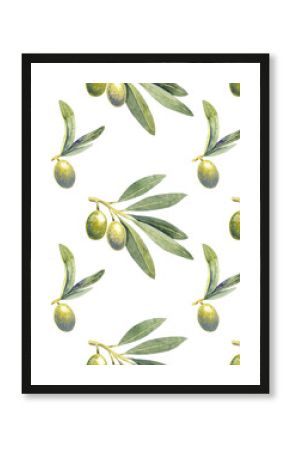 Seamless pattern watercolor green olives branch. Hand painted floral illustration olive fruit, tree branches, leaves on white background. Drawings food. Edible foliage. For menu, wrapping card gift