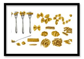  different types of pasta. Italian pasta. Fussilli, penne and farfalle. Large selection of Italian food. Pasta on a fork. Vintage watercolor illustration without background