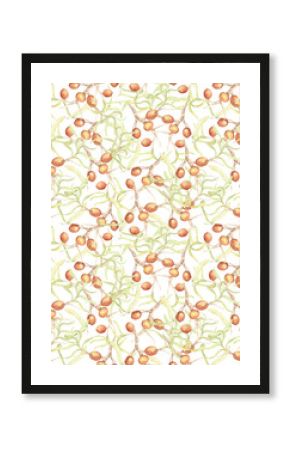 Seamless pattern with olive branches and fruits, executed in watercolor. The interlacing of olive branches is a rich vintage-style pattern. For textiles, Italian cuisine, wallpaper, book wrappers.