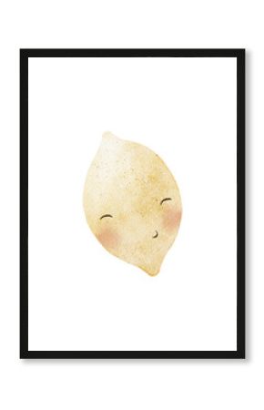 Watercolor fruits lemon yellow with cute eyes. Isolated hand drawn illustration character in cartoon cheerful style white background design children's cards, posters, tableware, clothes, invitations