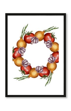 Watercolor wreath of onions, garlic, rosemary, and tomatoes on a white background. Perfect for packaging design, postcards, posters, menus, kitchen, and restaurant decor.