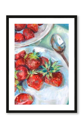 Oil painting on canvas featuring two plates of fresh strawberries with a silver spoon. Elegant and timeless still life for prints, kitchen decor, and branding