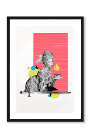 Sketch design trend artwork poster photo collage of style accessory dress historical opulence elegance young lady blow candle cake birthday