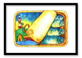 watercolor turquoise canned sardines in an open tin can with a picture of a fishing village and a lighthouse. Hand-painted canned fish for menus, postcards, and stickers.