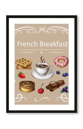pastry and coffee illustration with curly frame on beige background. coffee cup and french desserts vintage sketch. sweet breakfast. decorative poster for cafeteria, patisserie. pastry banner