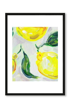 Yellow lemons with green leaves on a bright background. Acrylic painting card for design and print. Hand draw contemporary artwork. Square surreal stylized postcard.